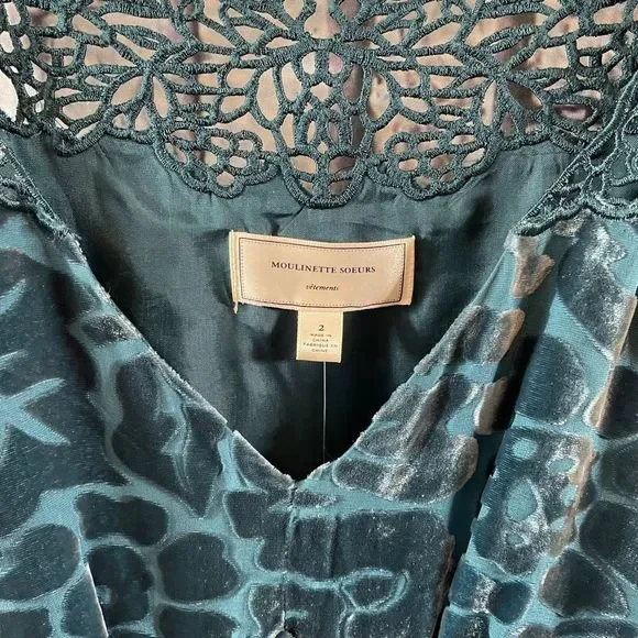 Anthropologie Moulinette Soeurs Matilija Teal Burnout Velvet Lace Dress  Size 2